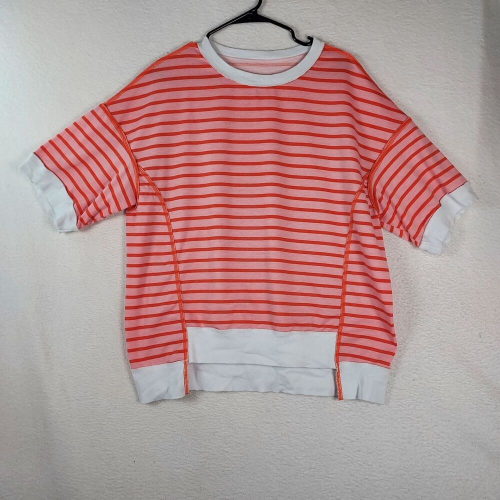 Womens Striped Crop Sweatshirt Medium Pink Orange Short Sleeve Casual